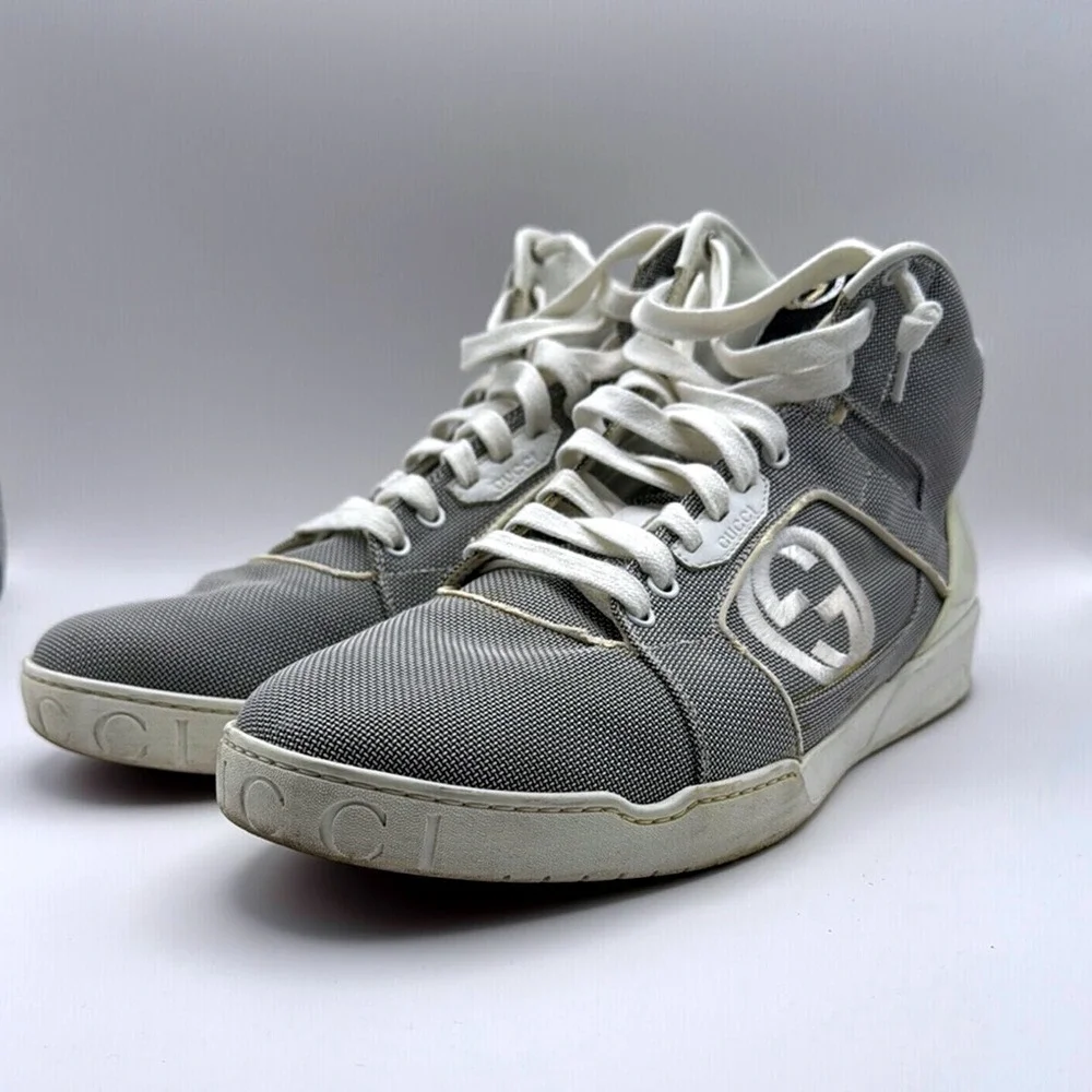 Gucci High Top Sneakers Grey Canvas Interlocking G Logo Men's size 12 309517